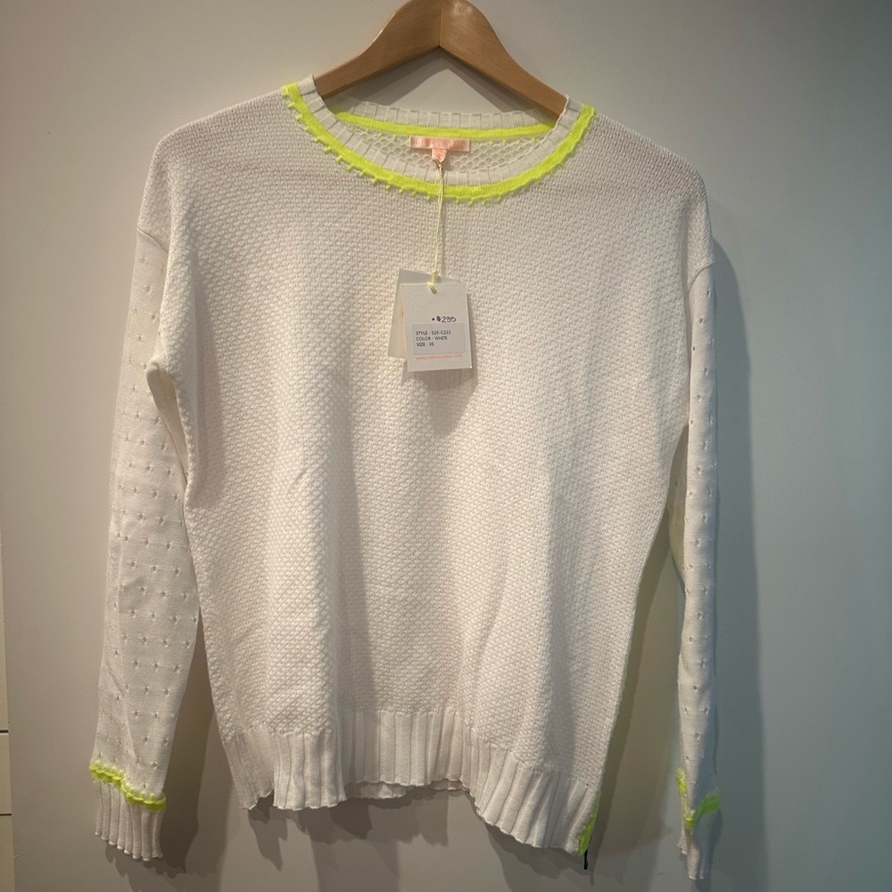 Lisa Todd White Sweater with Neon Yellow Trim xs NWT